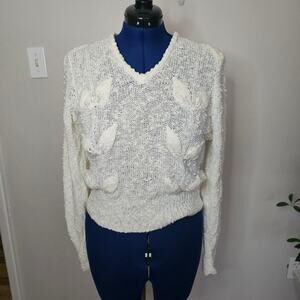 Vintage LeRoy Knitwear Ivory Popcorn Knit Sweater w/ Pearl Beaded Leaf Motif